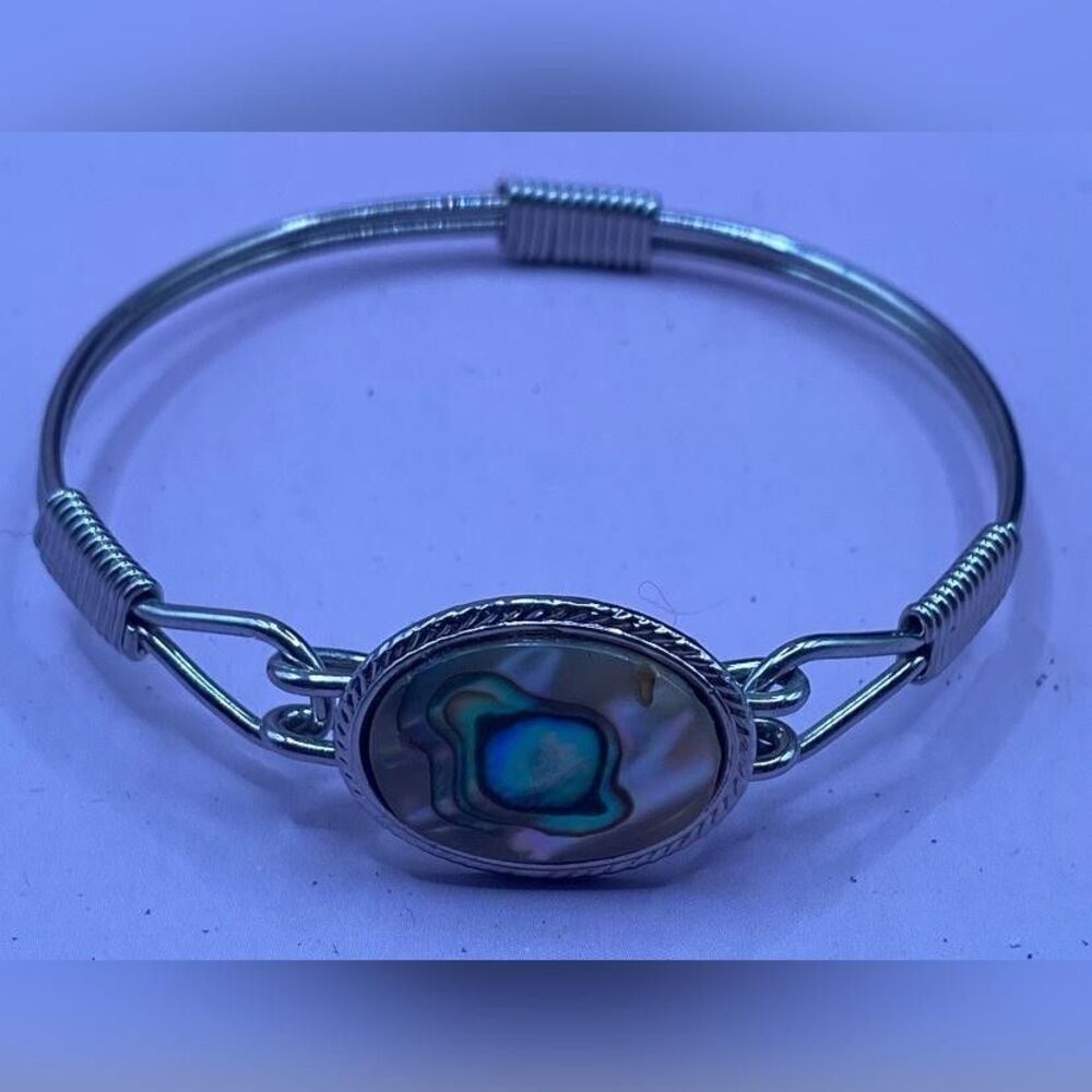 Abalone Shell Oval Silver Tone Wire Bangle Bracelet Womens Hook Clasp